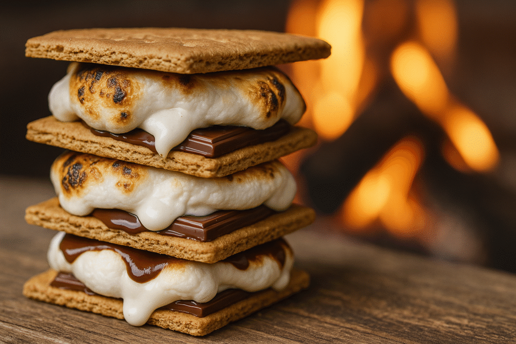Close-up of stacked s'mores with melting chocolate and toasted marshmallows in front of a fire