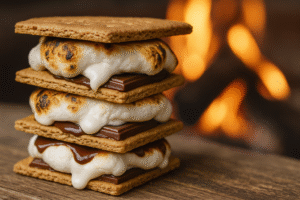 Close-up of stacked s'mores with melting chocolate and toasted marshmallows in front of a fire
