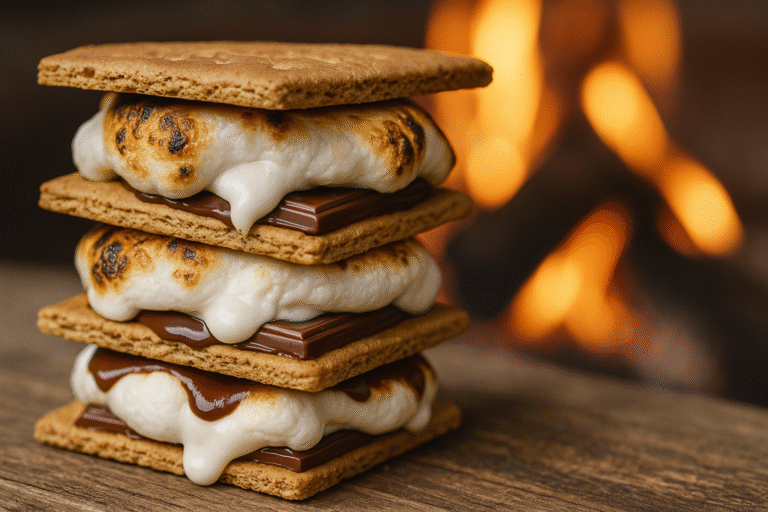 Close-up of stacked s'mores with melting chocolate and toasted marshmallows in front of a fire