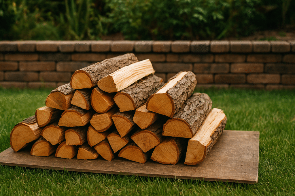 Stacked firewood on plywood with brick wall and green grass background