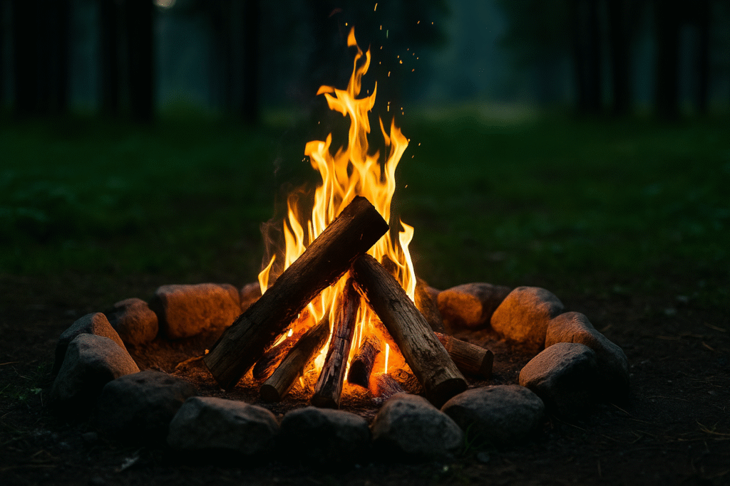 Campfire surrounded by stones burning in forest clearing at dusk