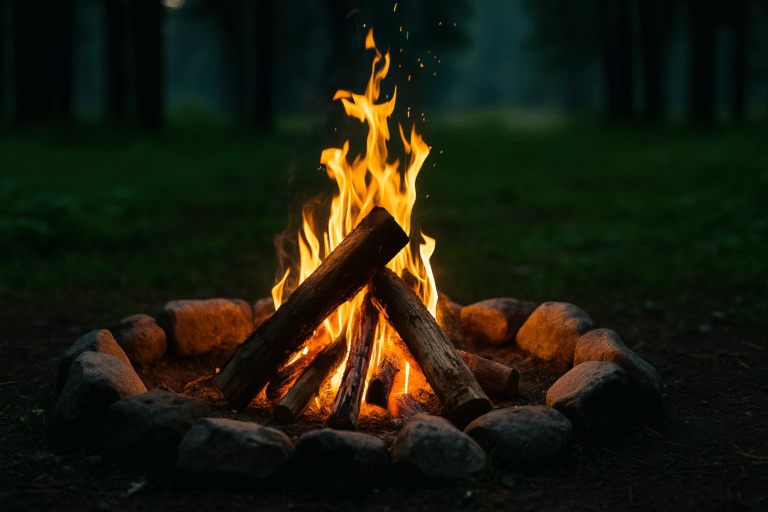 Campfire surrounded by stones burning in forest clearing at dusk