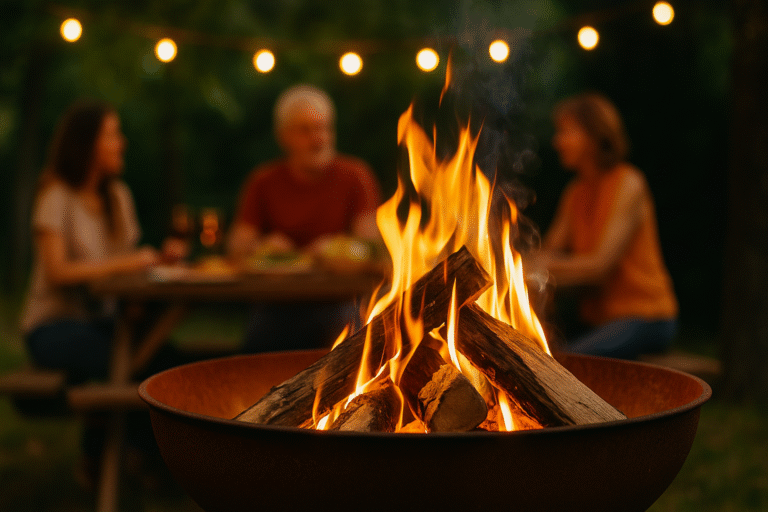 Summer backyard fire pit glowing at dusk with family nearby